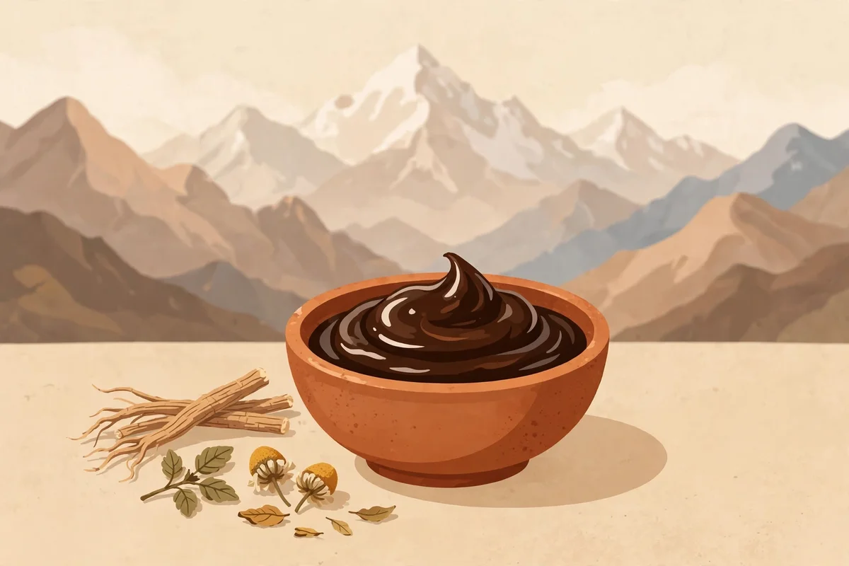 Ceramic bowl of dark glossy shilajit resin with Himalayan mountain peaks softly blurred behind it and dried Ayurvedic herbs beside the bowl