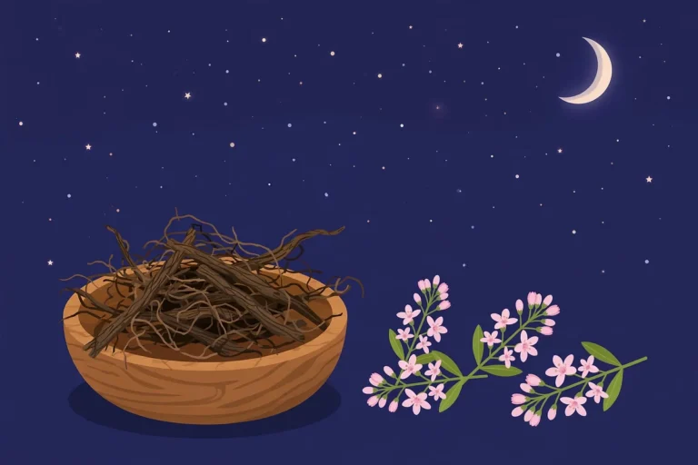 Wooden bowl of dried jatamansi roots with delicate pink jatamansi flowers under a deep indigo night sky with a crescent moon and stars
