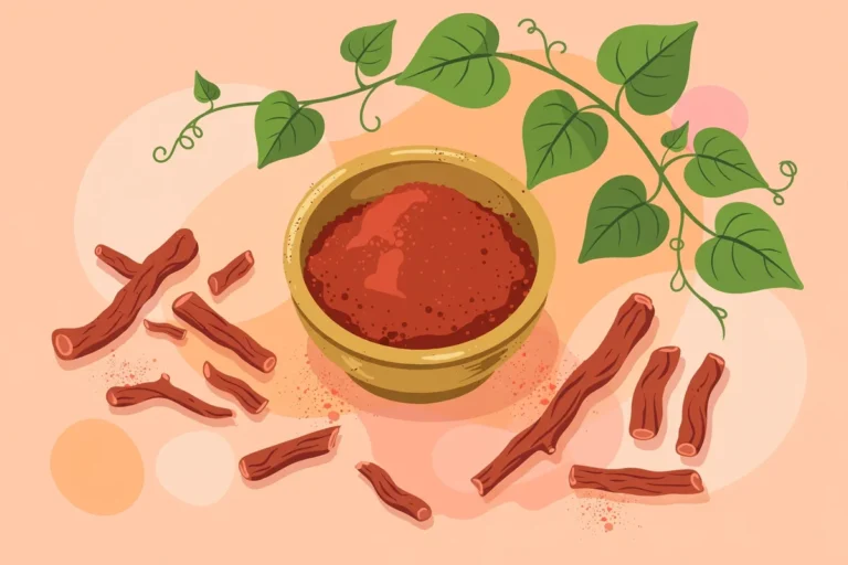 Brass bowl of reddish manjistha roots and powder with a scattering of red root pieces and fresh green manjistha climbing leaves