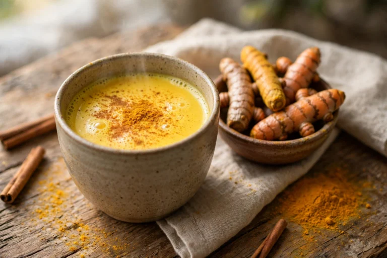 A ceramic cup of golden turmeric milk beside fresh turmeric roots on a wooden table