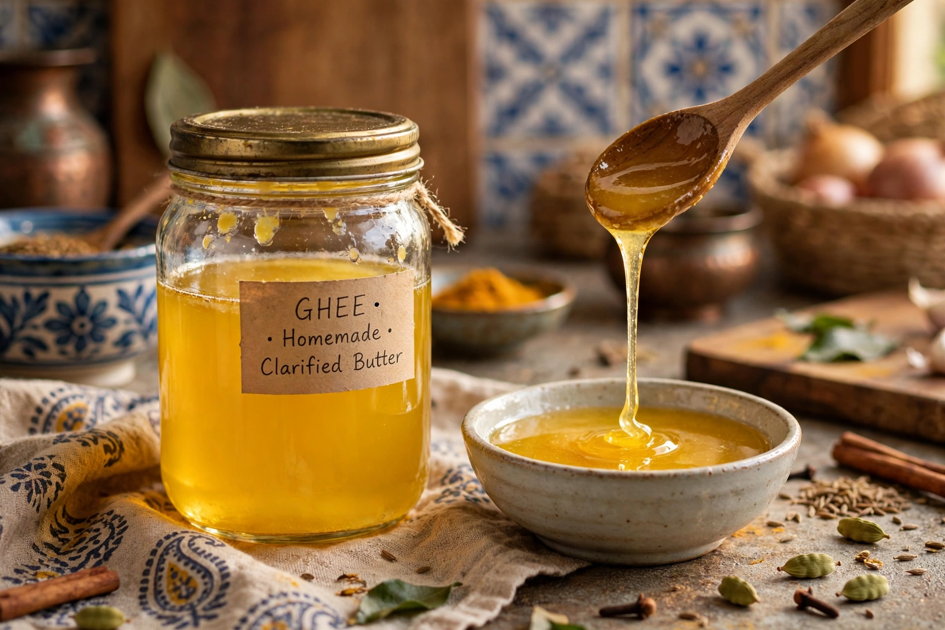 A glass jar of golden ghee beside a small bowl of ghee with a wooden spoon on a kitchen counter