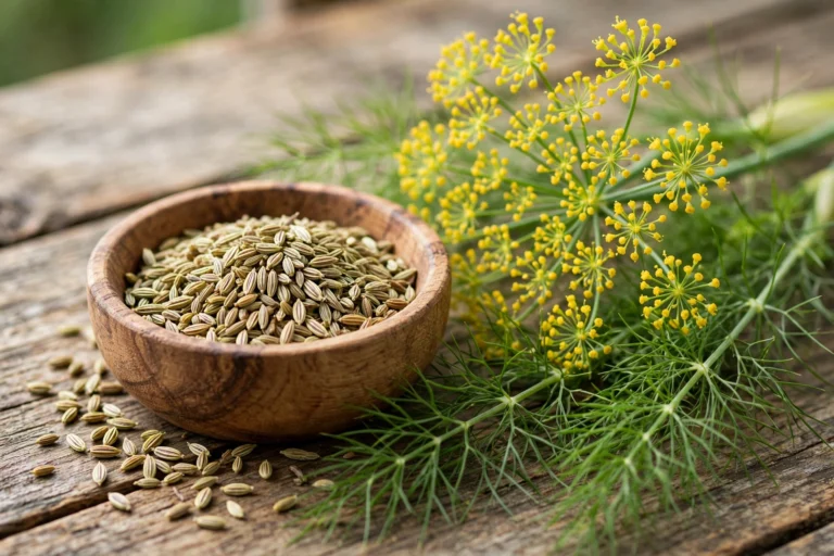 Fennel seeds in a wooden bowl with fresh fennel flowers and leaves on a rustic table