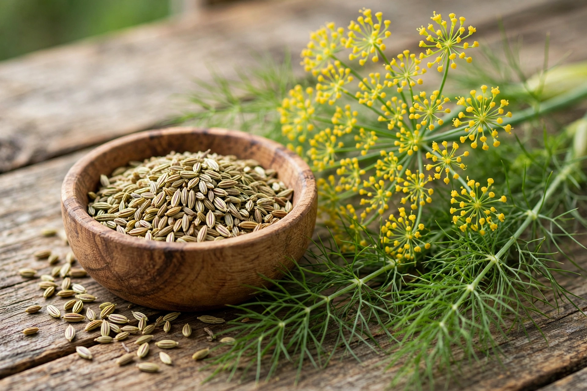 Fennel seeds in a wooden bowl with fresh fennel flowers and leaves on a rustic table