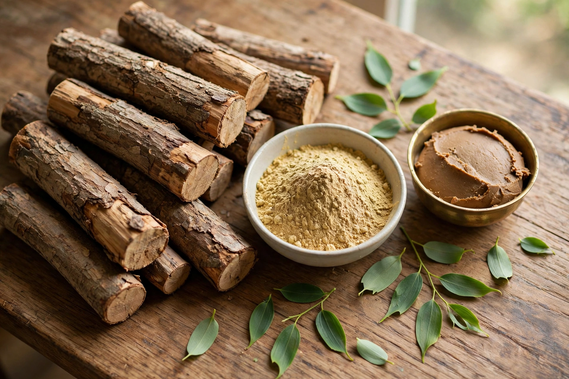 Sandalwood logs and powder in a bowl beside a brass bowl of sandalwood paste with sandal leaves