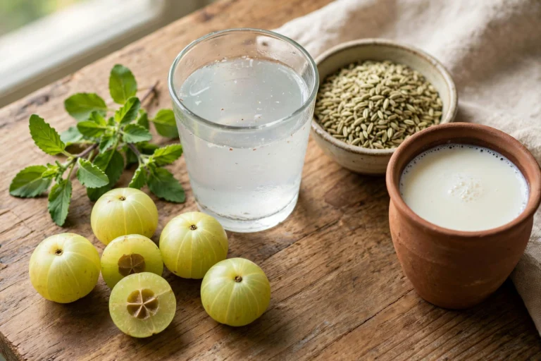 Ayurvedic home remedies for acidity — amla fruits, fennel seeds, coconut and herbs on a wooden table