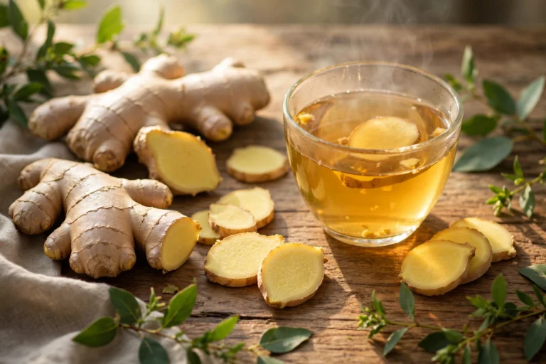 Fresh ginger root with a cup of ginger tea