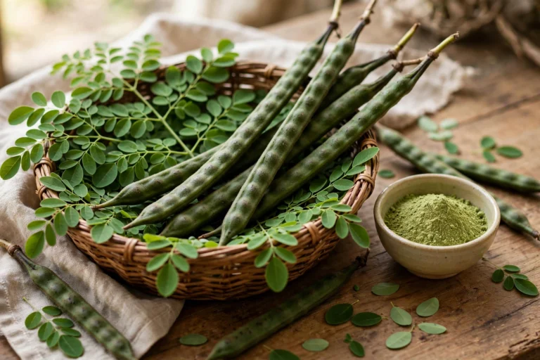 Fresh moringa leaves, drumstick pods and moringa powder