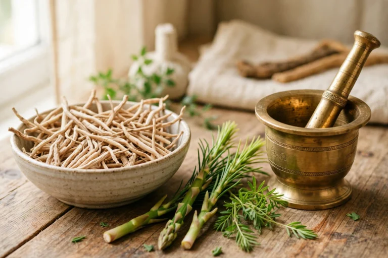 Dried shatavari roots with an Ayurvedic mortar and pestle