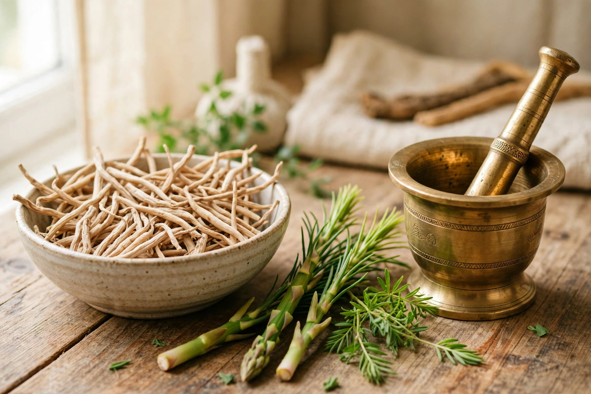 Dried shatavari roots with an Ayurvedic mortar and pestle