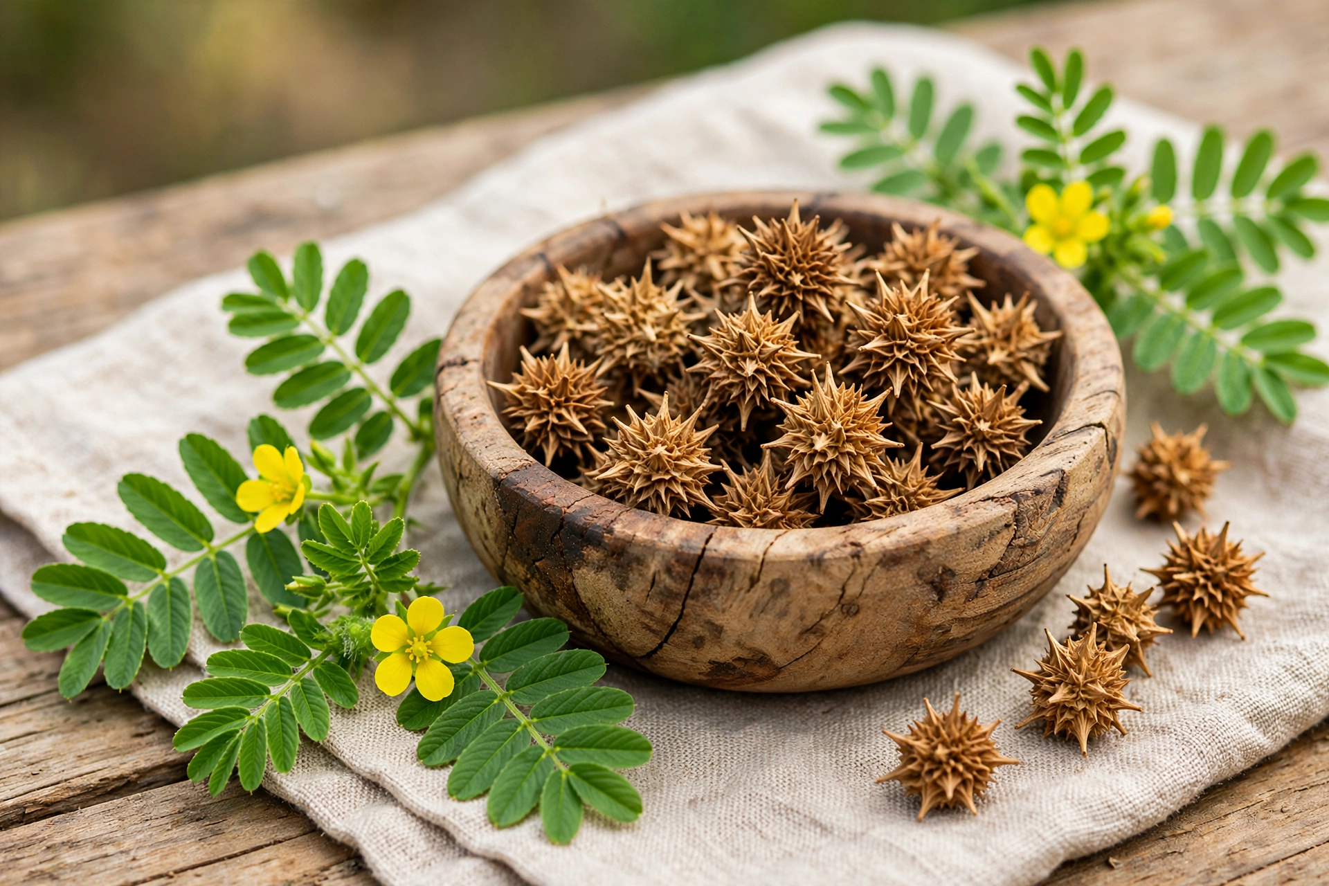Gokshura fruits and Ayurvedic herbal powder for urinary health and vitality