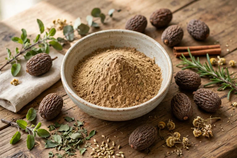 Dried haritaki fruits and Ayurvedic churna powder in a wooden bowl