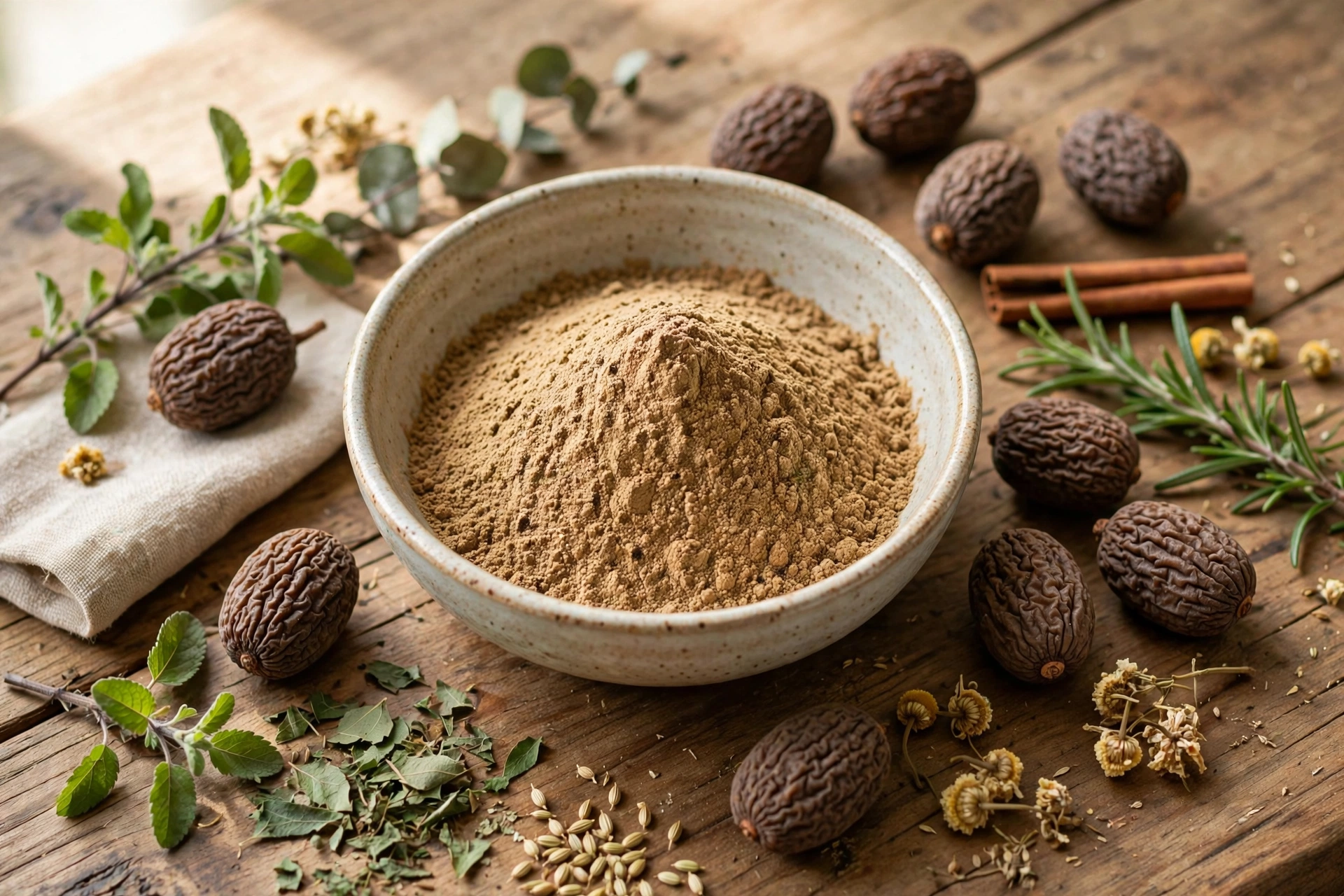 Dried haritaki fruits and Ayurvedic churna powder in a wooden bowl