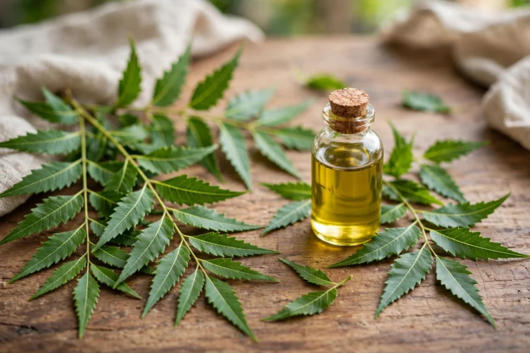 Fresh neem leaves and neem oil bottle representing Ayurvedic neem benefits