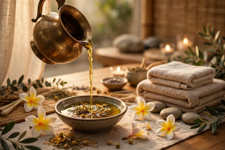 Ayurvedic Abhyanga warm herbal oil spa setting