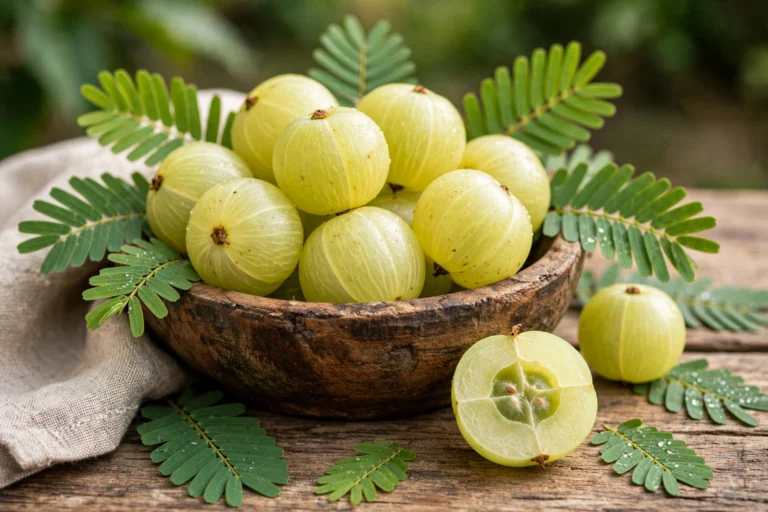 Fresh Amla Indian gooseberry fruits in a wooden bowl