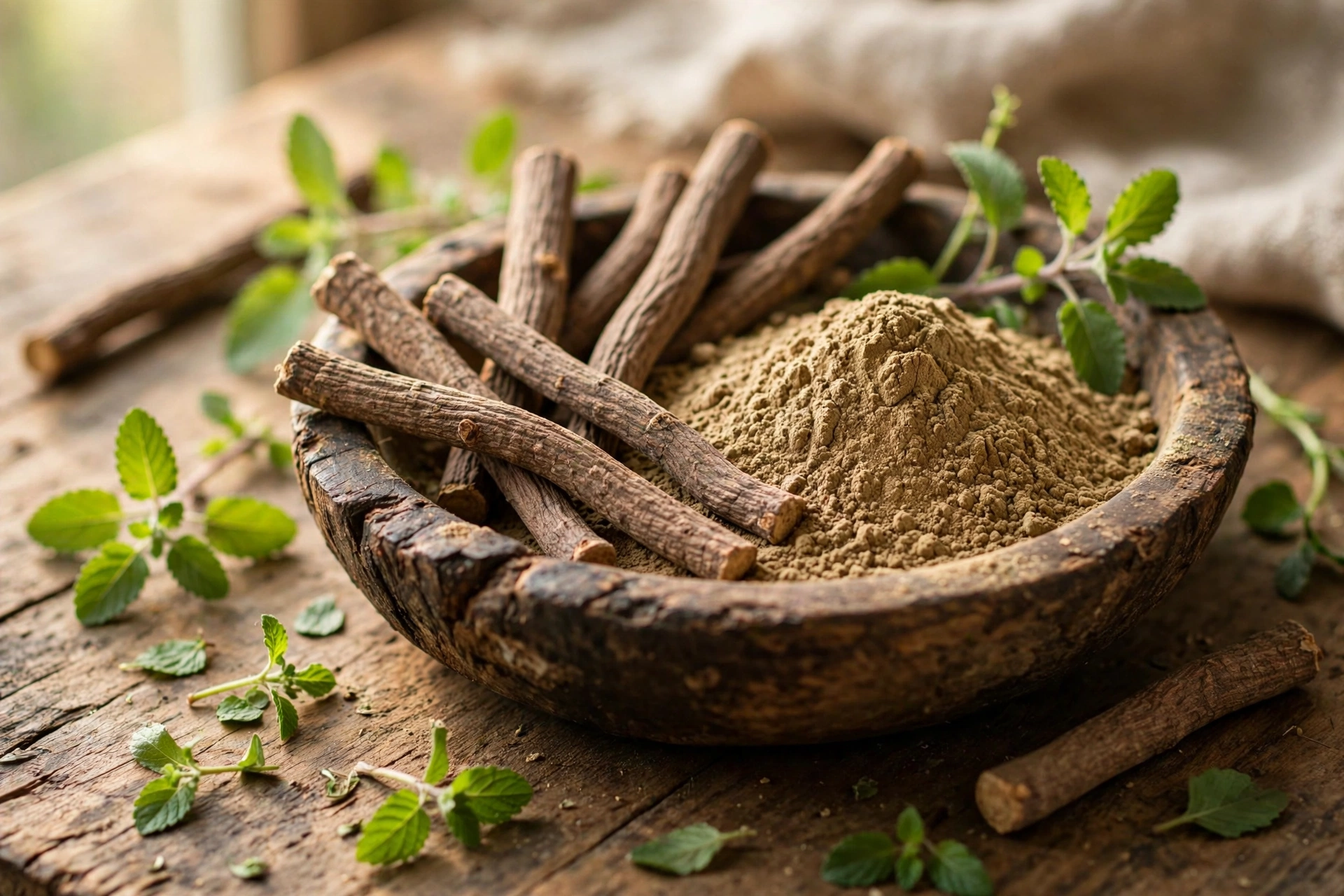 Wooden bowl of mulethi licorice root powder with licorice sticks and dried herbs