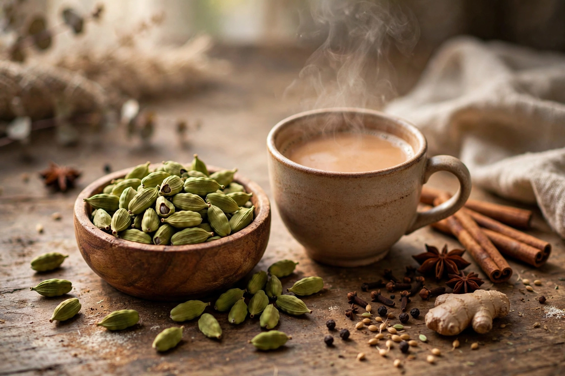 Green cardamom pods in a wooden spoon with chai spices on a rustic table