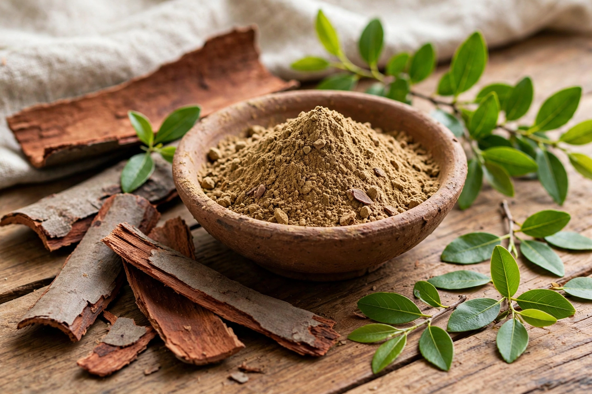 Dried arjuna bark pieces in a brass bowl with heart-healthy herbs and warm tea