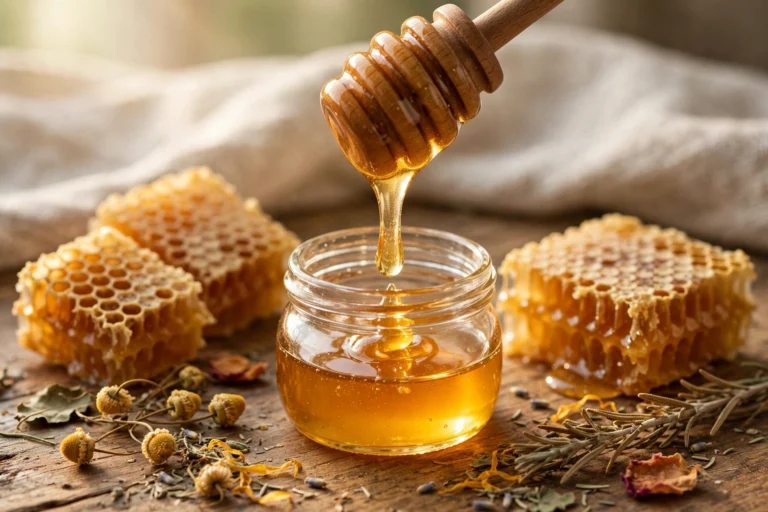Raw honey dripping from a wooden dipper — Ayurvedic benefits of honey (Madhu)