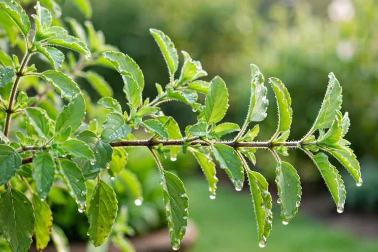Fresh Tulsi holy basil leaves with water droplets