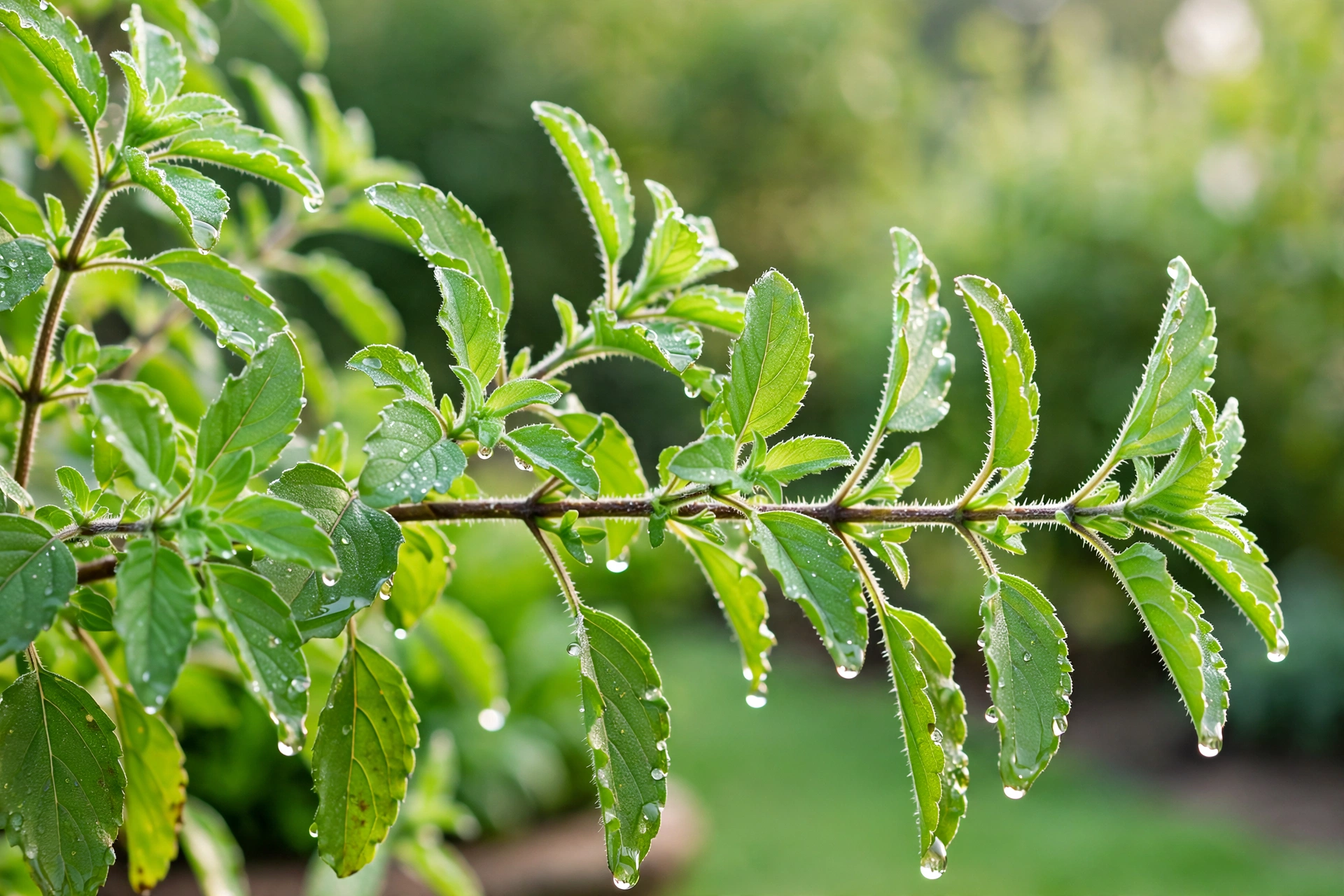 Fresh Tulsi holy basil leaves with water droplets