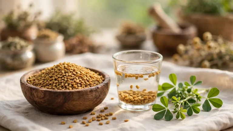 Wooden bowl of fenugreek (methi) seeds beside a glass of fenugreek water and fresh methi leaves on a linen cloth