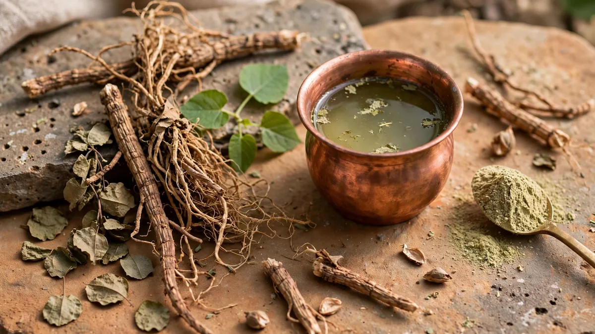 Dried punarnava root and leaves with a copper vessel of herbal water and a spoon of herbal powder on a stone surface