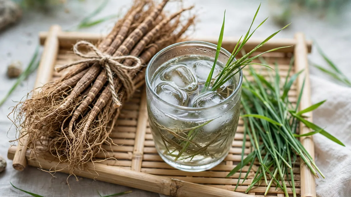 Bundle of dried vetiver (khus) roots tied with twine beside a glass of cool vetiver-infused water and fresh green vetiver grass