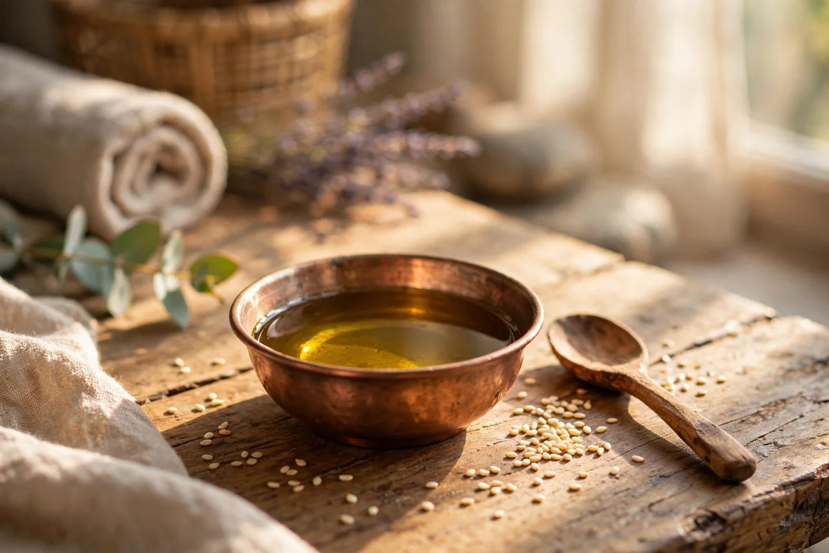 Small copper bowl of golden sesame oil with a wooden spoon on a table in warm morning light