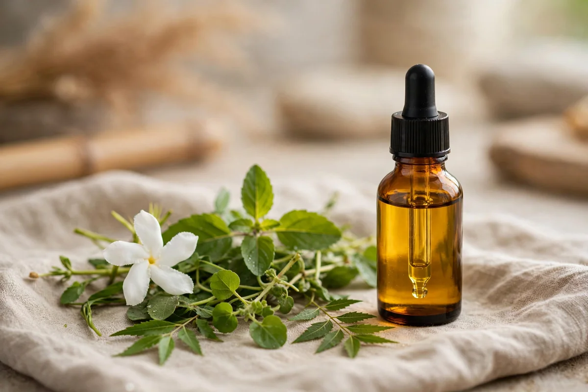 Small amber glass dropper bottle of Ayurvedic herbal oil beside fresh herbs and a white flower on a soft spa-like background