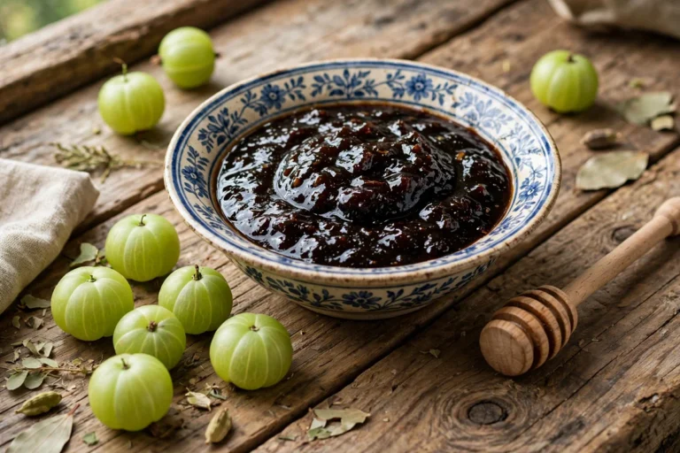 Traditional ceramic bowl of dark chyawanprash herbal jam with fresh amla fruits and honey dipper on a rustic wooden table