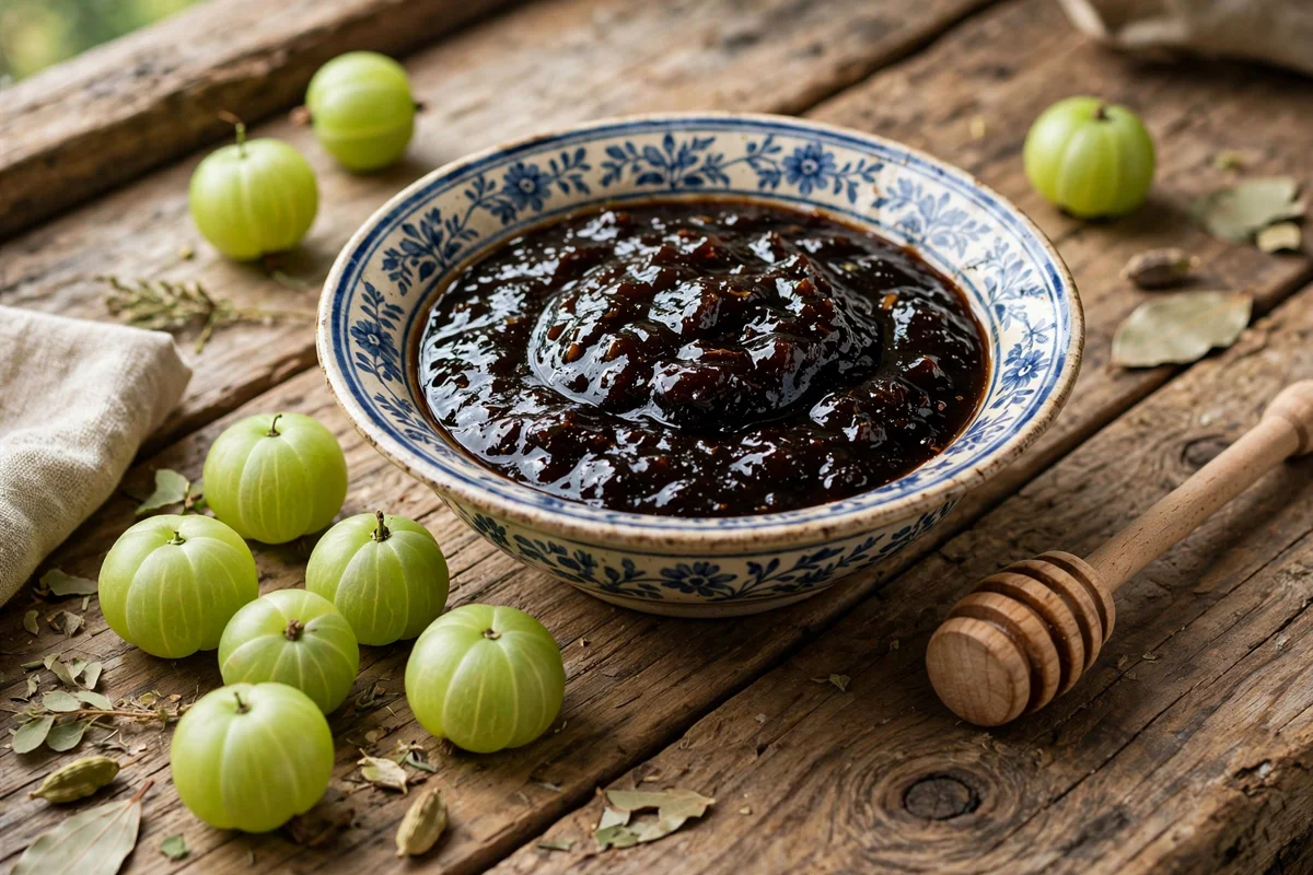 Traditional ceramic bowl of dark chyawanprash herbal jam with fresh amla fruits and honey dipper on a rustic wooden table